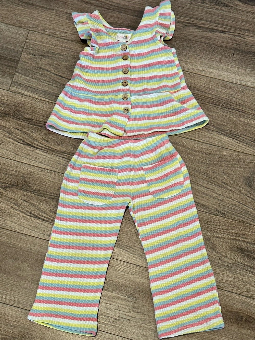 Lemon Kiss Girls 5T Pastel Striped Knit Crochet  Top  and Flare Bottoms Set